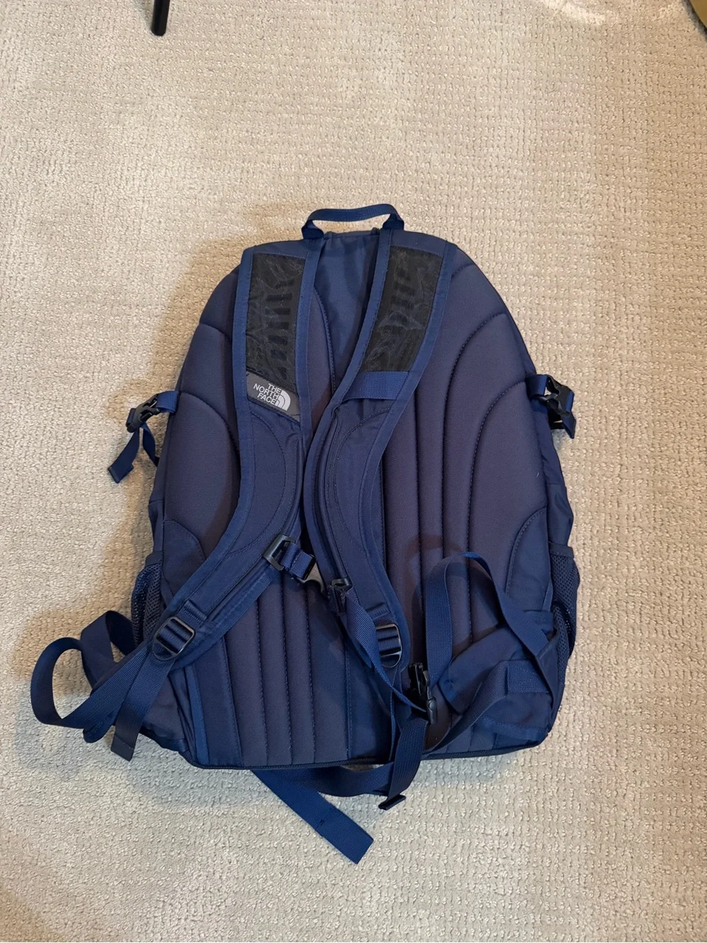 The North Face Navy Backpack with Pink Bungee Cord